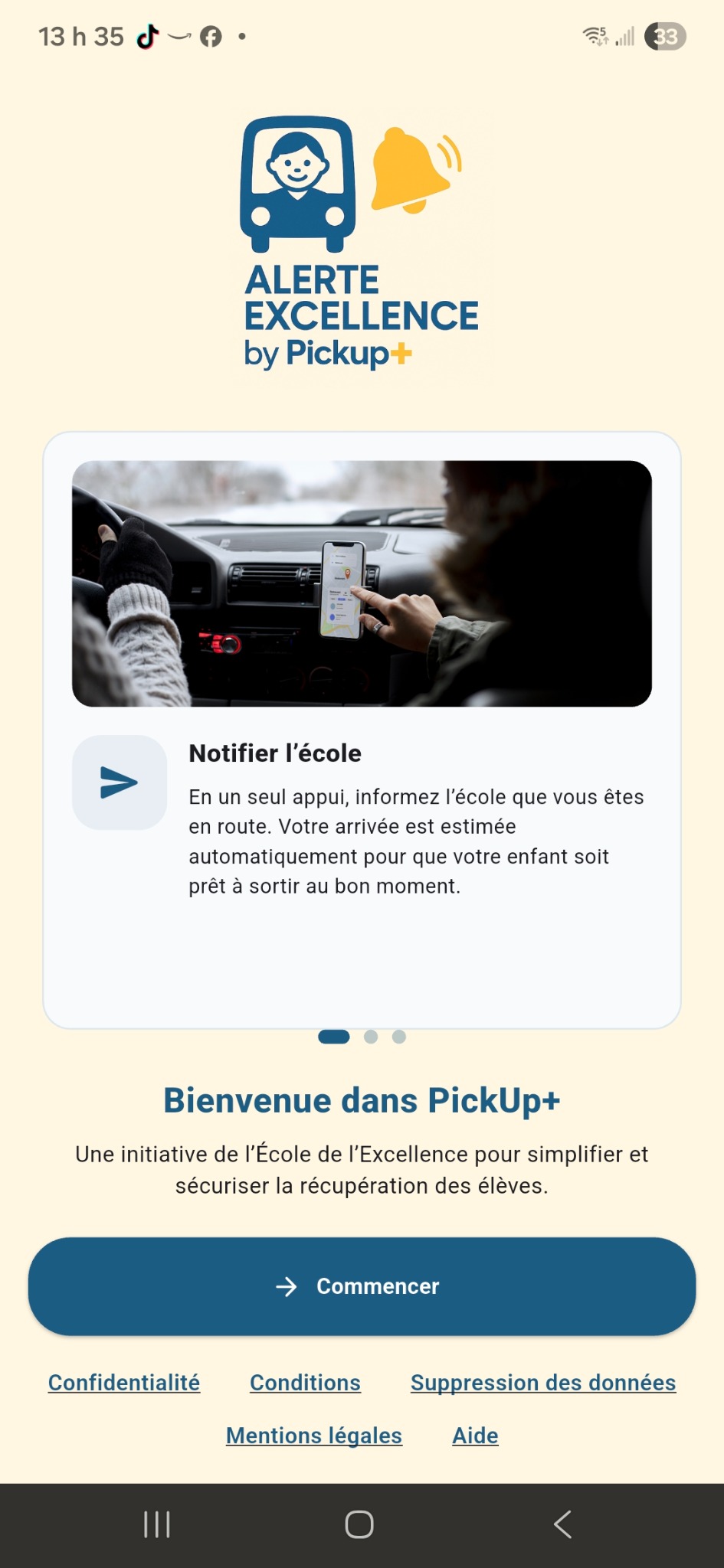 Écran de bienvenue de l’application Pickup+